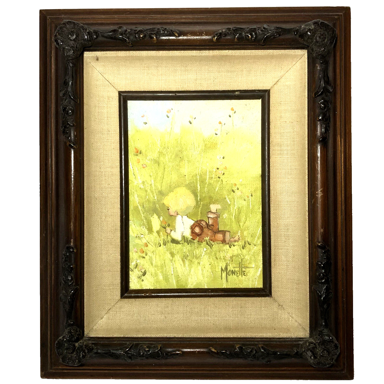 Vintage Oil Painting Summer’s Child Signed Monette Certified Ornate Wood Frame