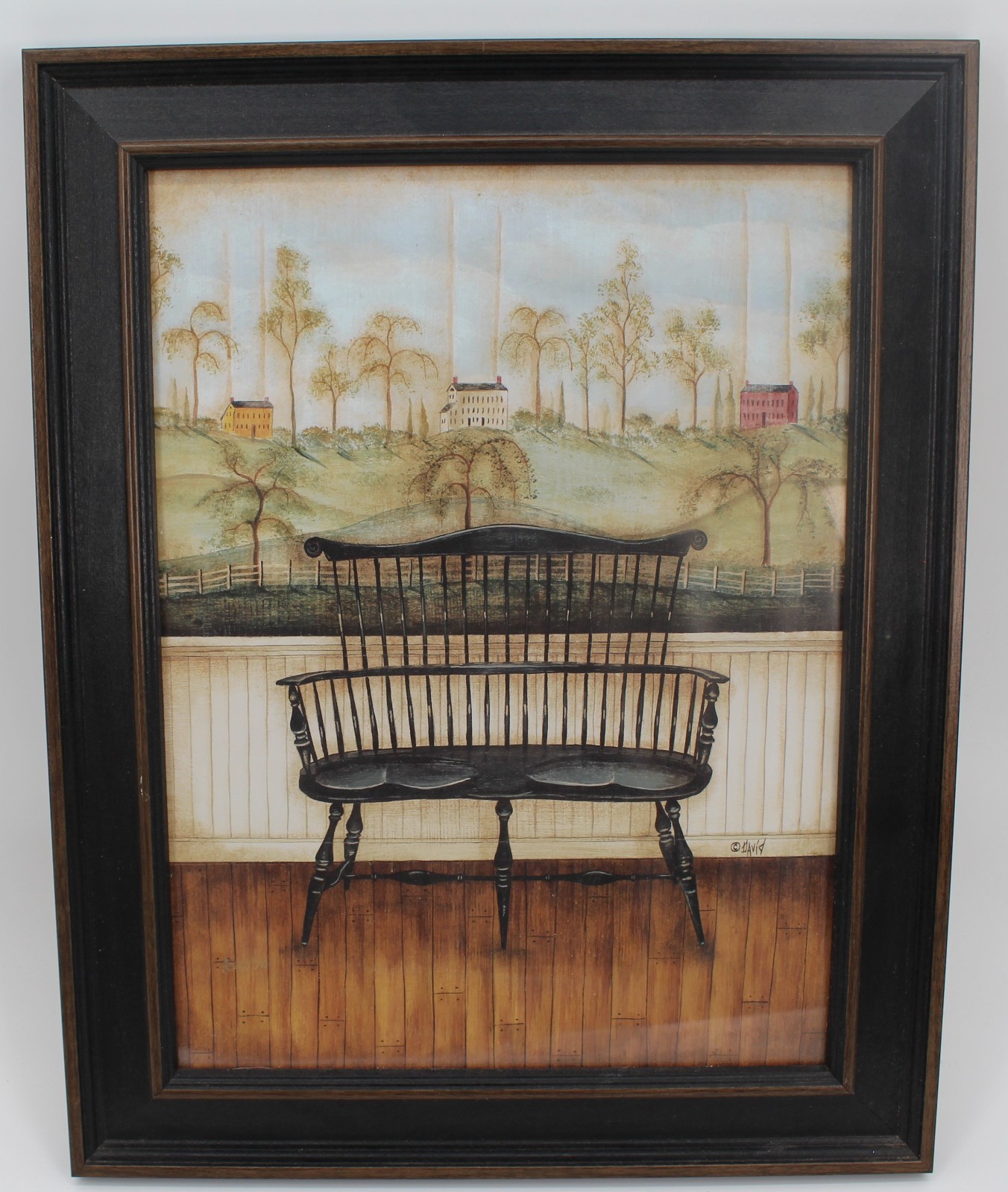 Vintage Windsor Bench Painting by David Framed 19.5”x 15.5” vtg