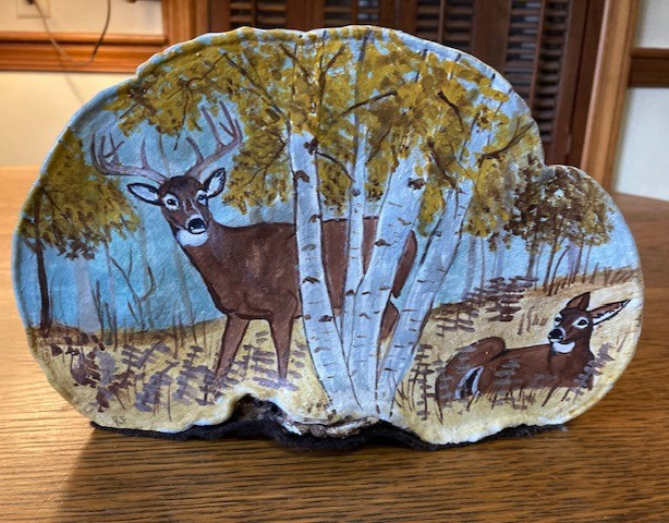 Hand Painted Artist Conk Mushroom Fungus Deer and Birch Trees Folk Art Signed