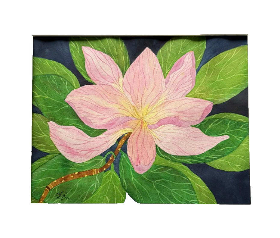PAINTING WATERCOLOR ORIGINAL ART MAGNOLIA FLOWER PINK YELLOW 11X14 AND MAT 16X20