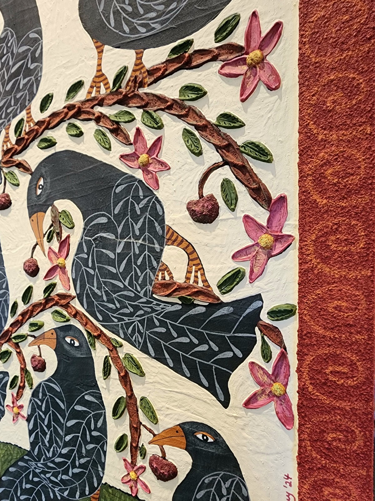 Danette Sperry Southern Primitive Crow Bird Folk Art Painting «Cherry Paradise «