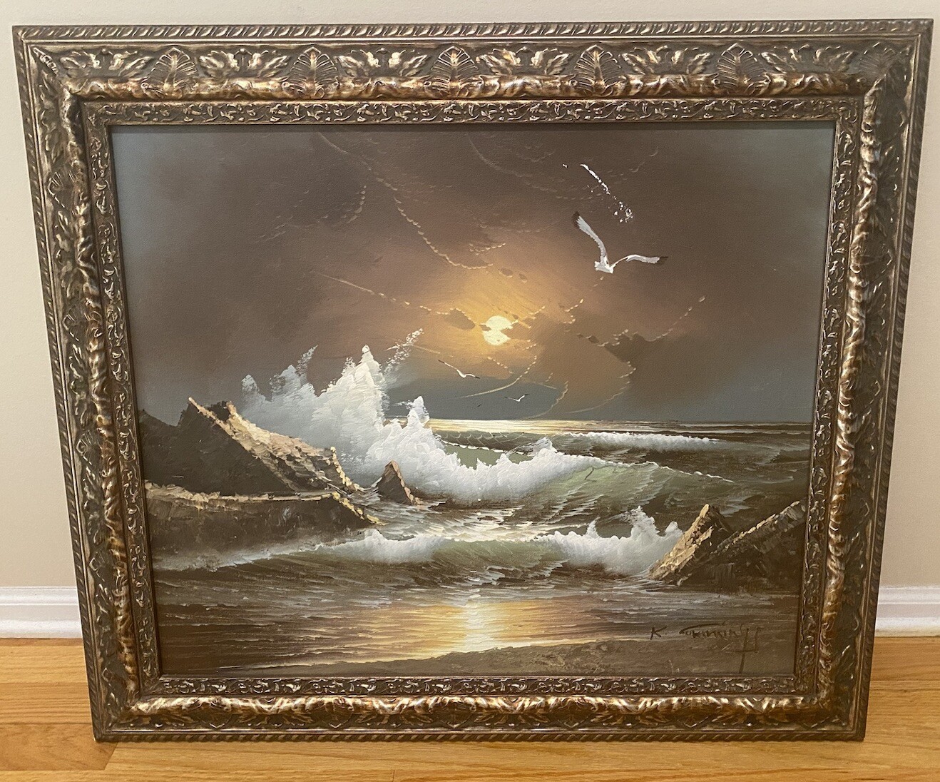 Vintage Signed K Cummings Framed Painting Seascape Waves Beach Ocean Sunset