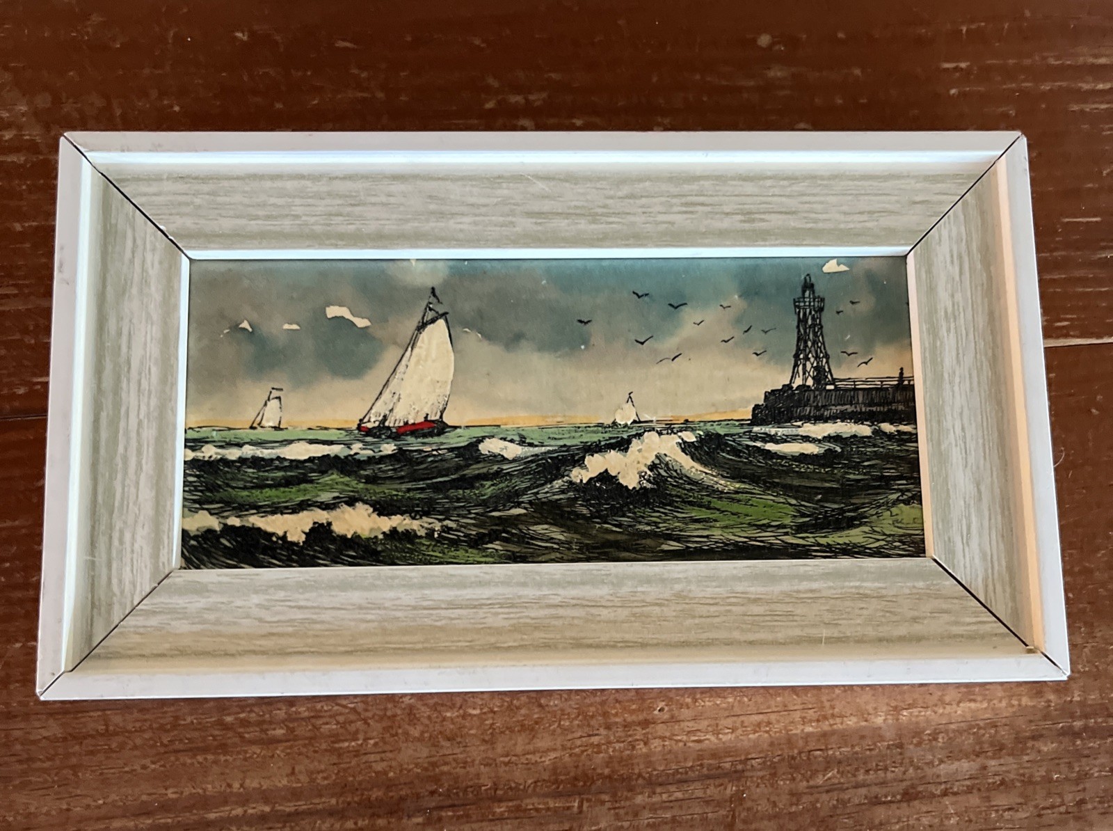 Vintage Framed Oil? Acrylic? on board Painting Miniature 4”x 8″ Sailboats Ocean