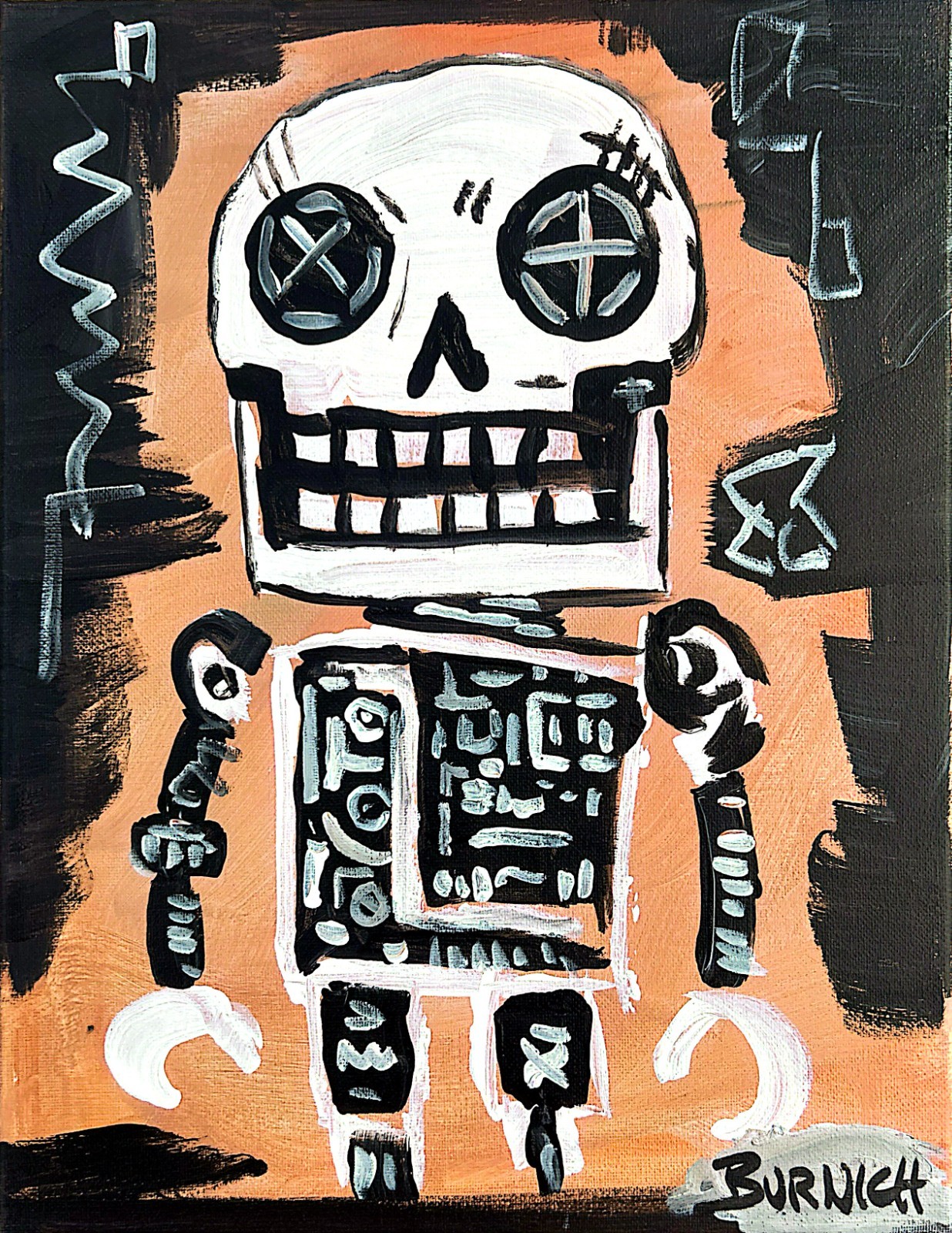 Skeleton Robot Hand Painted 11×14 Canvas Art Acrylic Multicolor Home Decor
