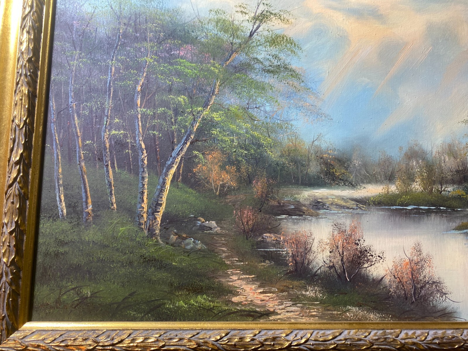 «River And Forest Landscape Scene» Oil On Canvas Painting – Framed