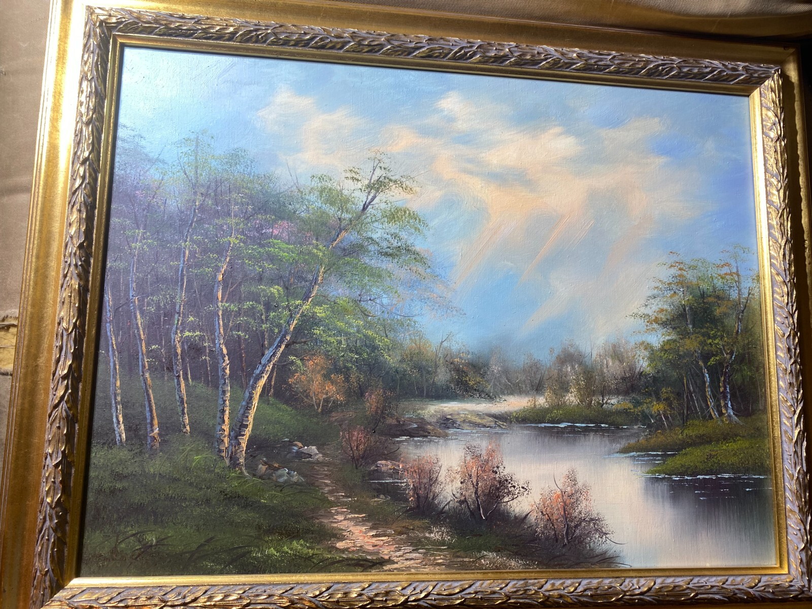 «River And Forest Landscape Scene» Oil On Canvas Painting – Framed