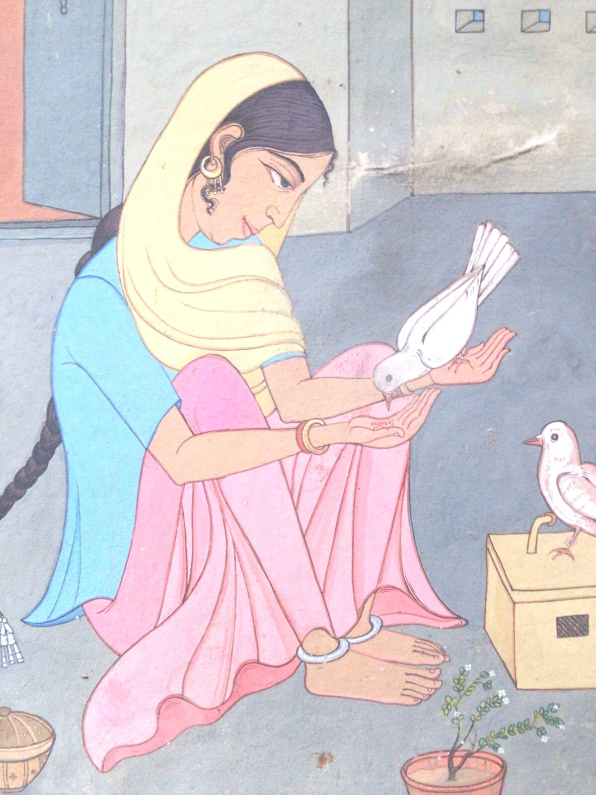 Bengal School Painting girl Birds Tempera by Jayanti Indian Art Calcutta India