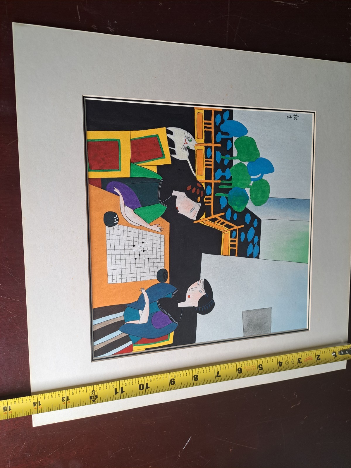 VTG Chinese Art Modernist Expressionism Vintage Portrait Cat Asian Ladies Orient