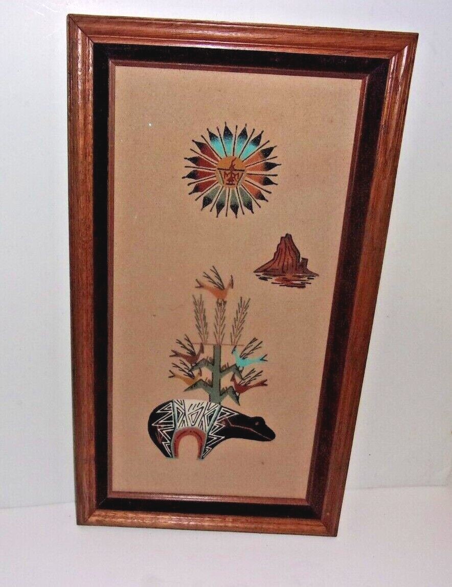 Vintage Native Sand Art Picture Navajo Framed Southwestern 10″x18″ Frame