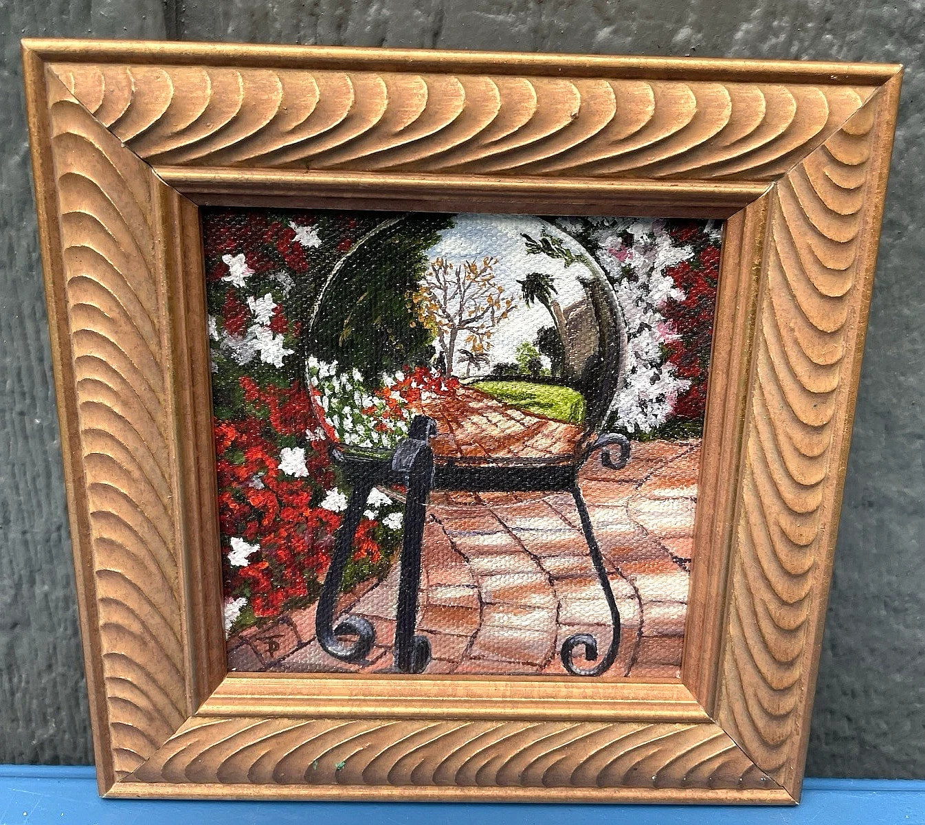 Floral Fine Art Giclee Gazing Ball Flowers Pathway Canvas Framed 5-5/8″ Square