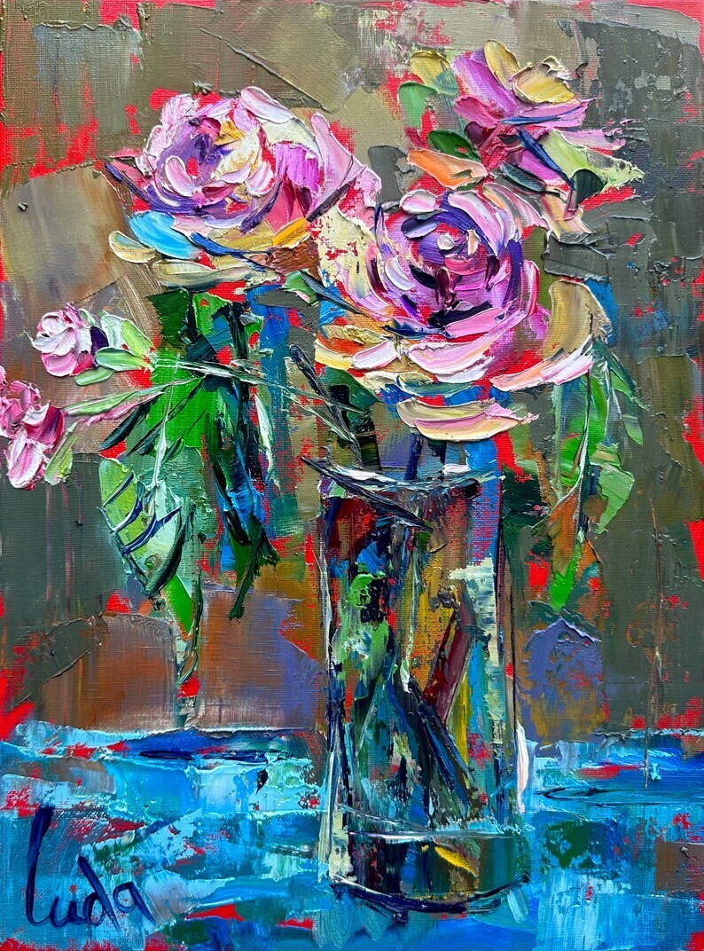 Impasto Still Life of a Bouquet of Pink Roses Flowers Oil Painting Canvas 16×12″