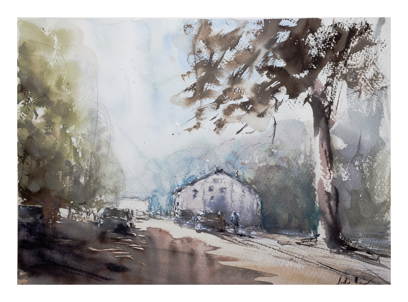 Original Watercolour Painting Painting Impressionist Street Sun Cars People