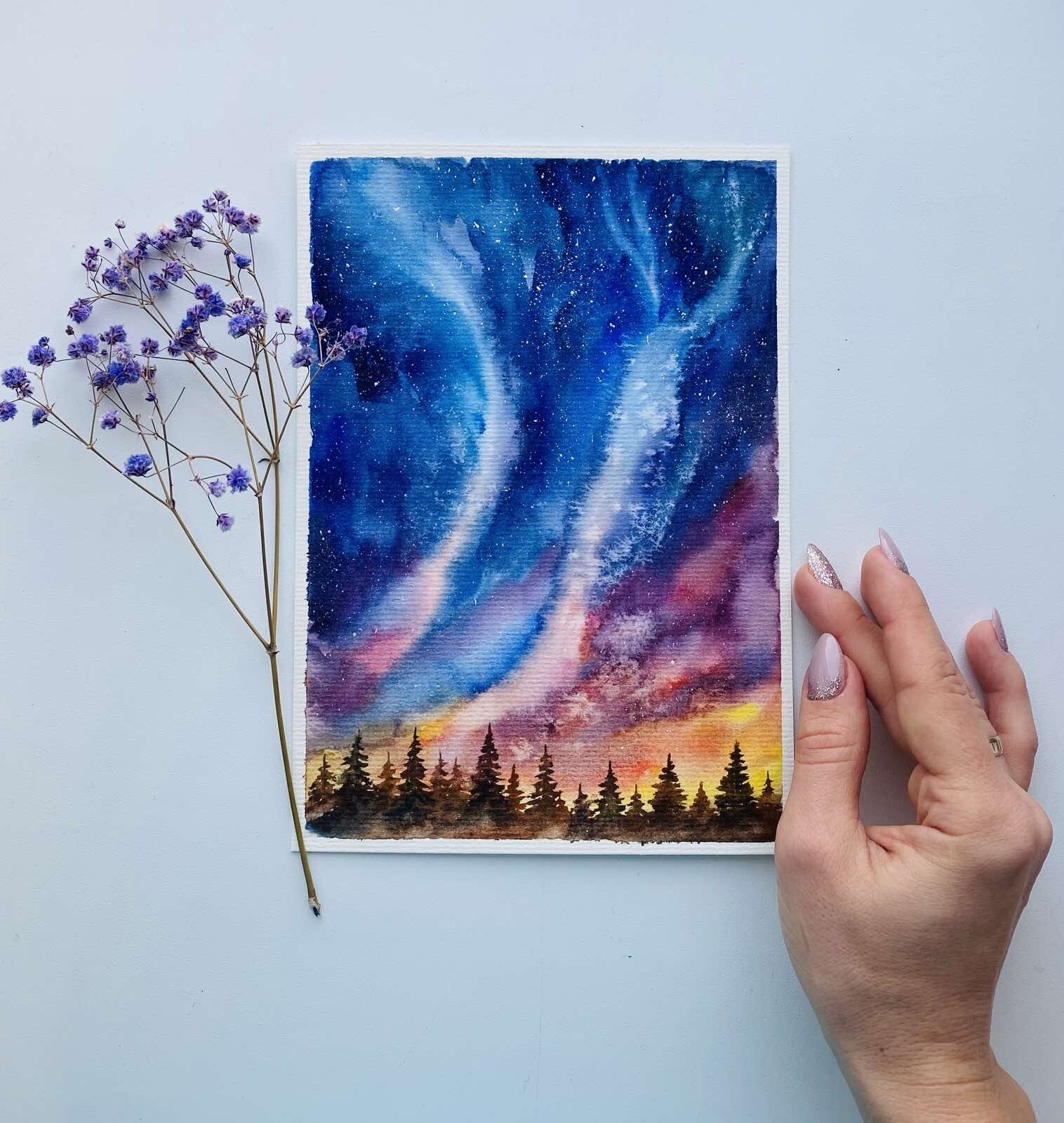 Original watercolor Art Aurora Borealis Painting Northern Lights Art Night Sky