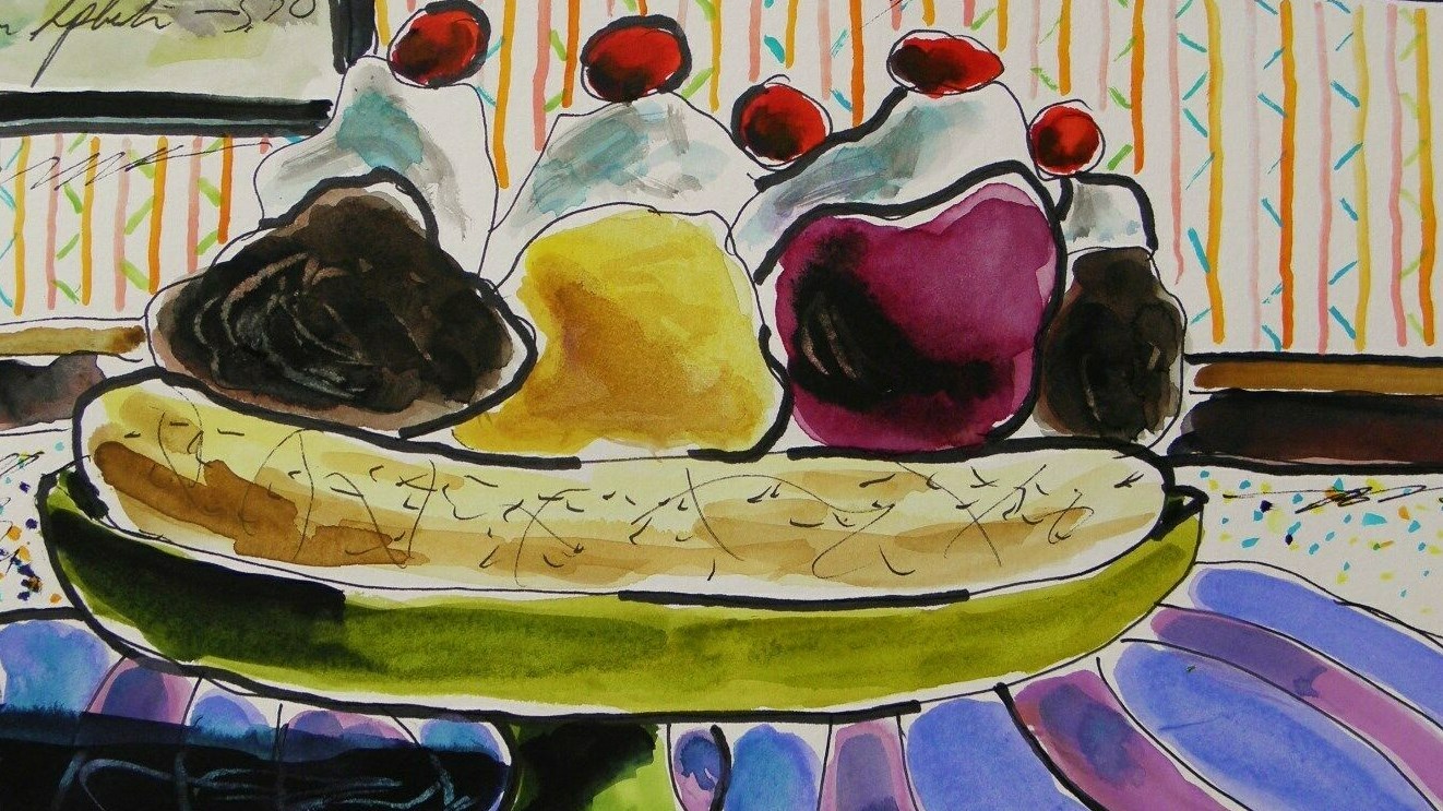 Original Bakery Sketch food ice cream sundaes Watercolor Impressionism