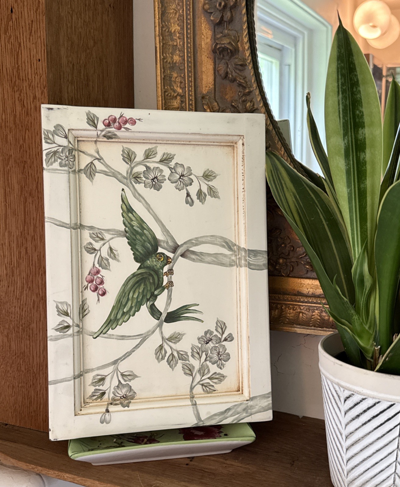 Vtg Hand Painted Tropical Bird Wood Panel Green Parrot Branch FolkArt Cottage
