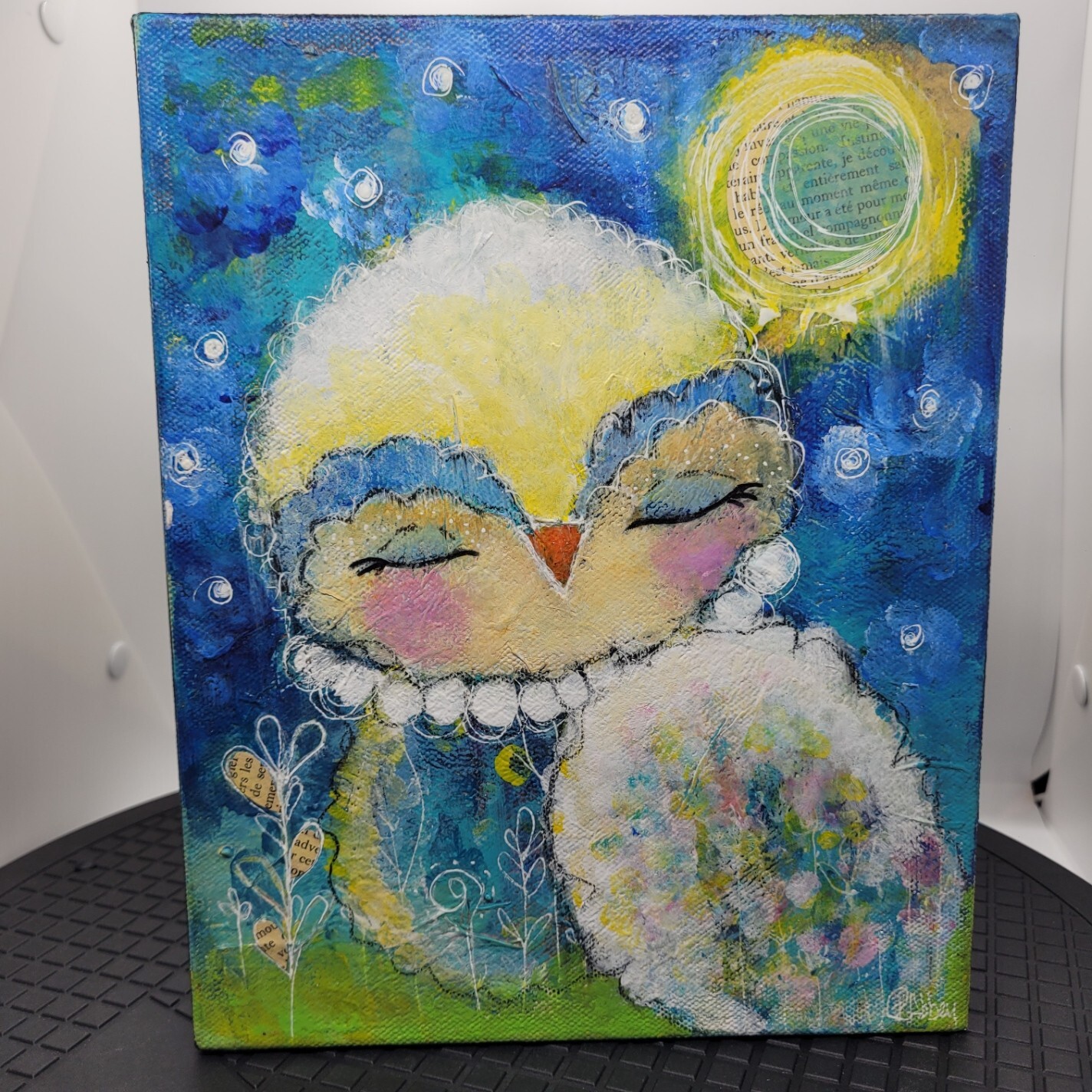 Bird Oil Painting On Canvas Book Pages Added To Petals & Moon OOAK Art Signed