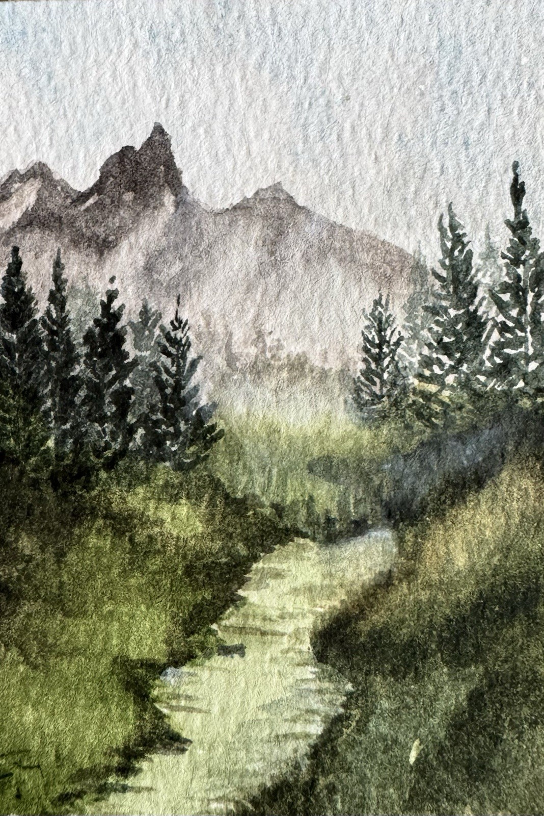 Aceo Watercolor Painting Original One Of A Kind Mini Painting Of Mountain Forest