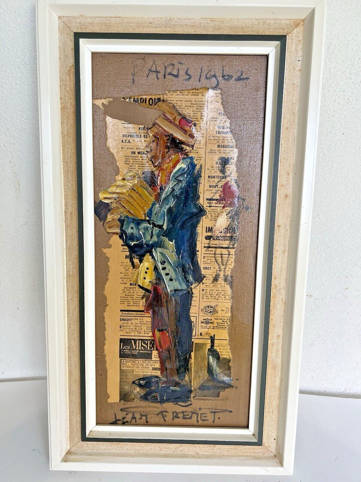 VTG 1962 Paris Jean Trenet Musician Figure Art Mix Media Oil Collage Canvas 19″