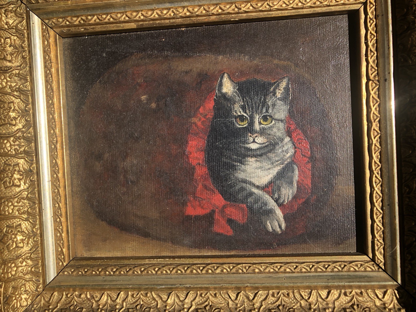 Antique 1882 Cat Oil Painting In The Manner Of Frank Paton 1855-1909