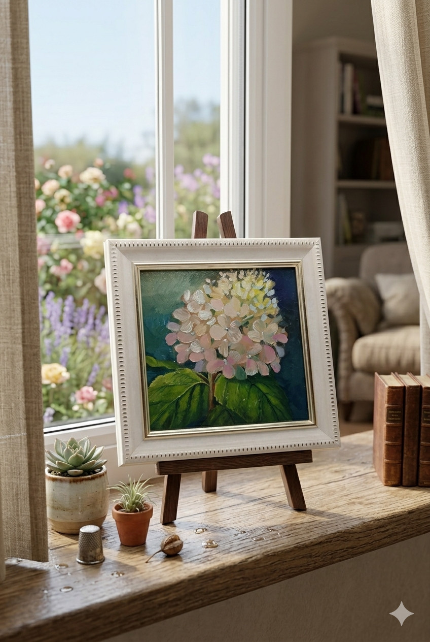 Original Hydrangea Oil Painting Pink Floral Framed Miniature Flower Art 4×4
