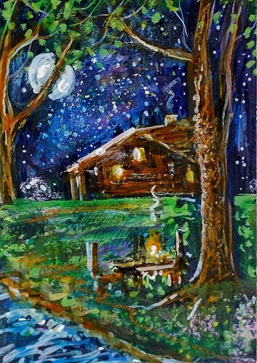 ACEO Original PAINTING Spring TREE Night Sky Moon CABIN Nature Landscape ATC ART