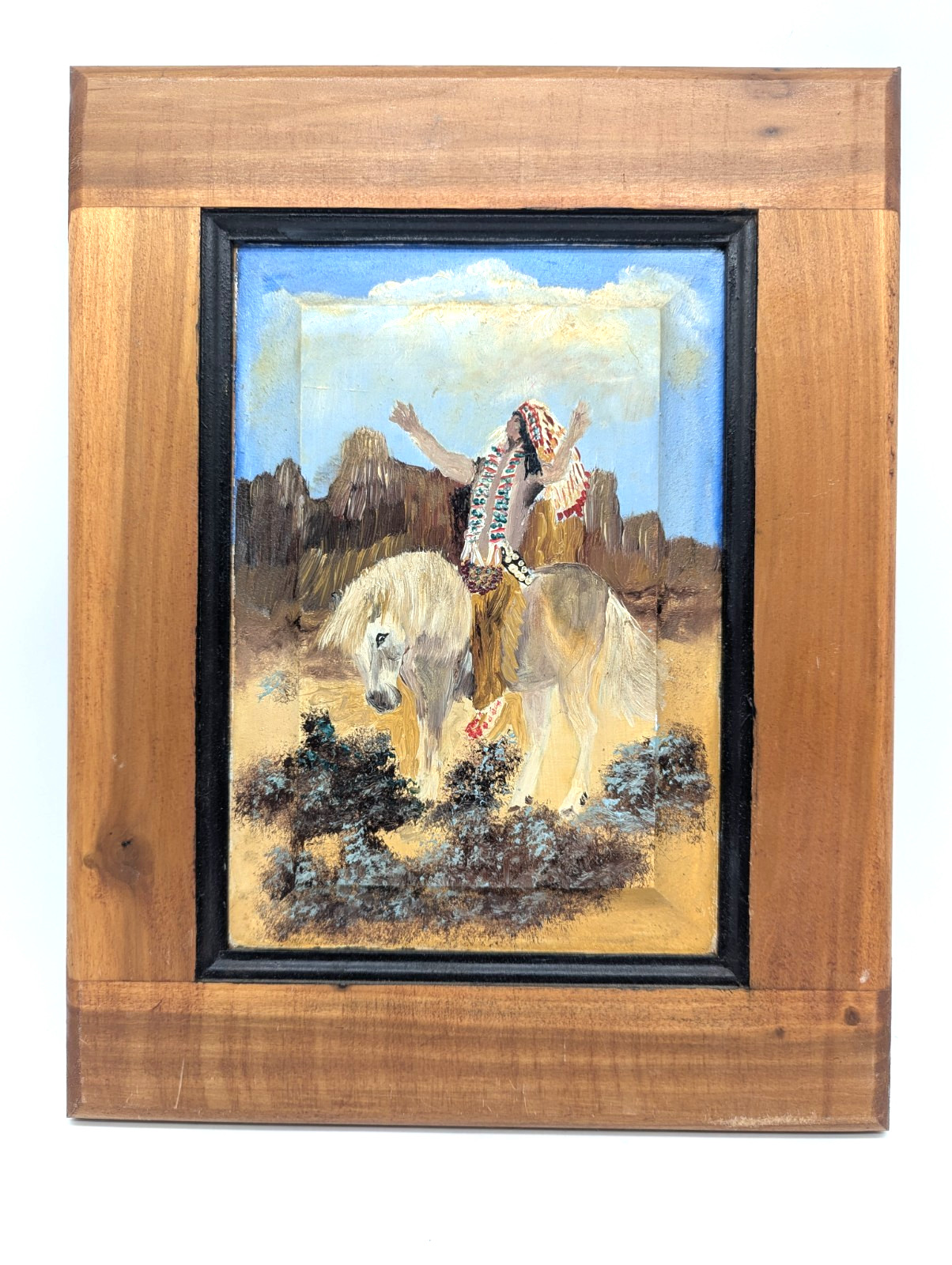 Original Hand-Painted Native Chief Oil on Vintage Cabinet Door Rustic Southwest