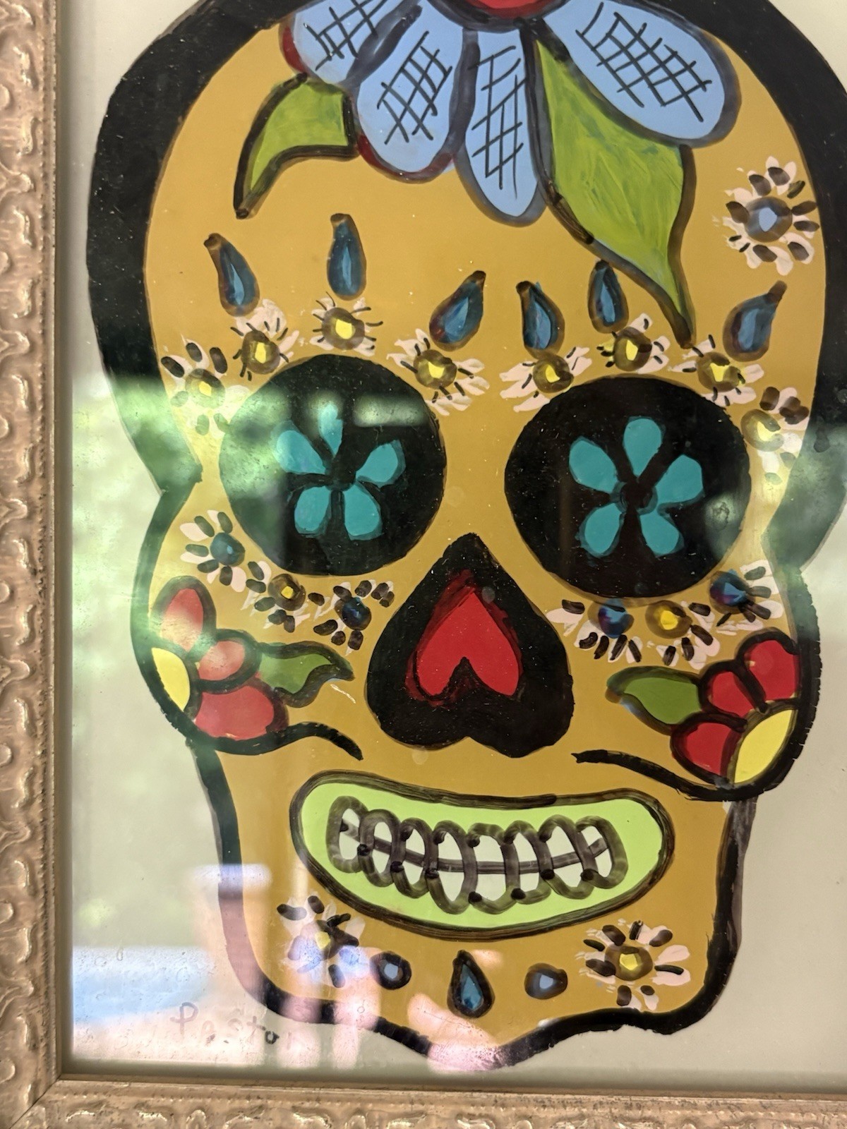 Vibrant Lori Pastor Reverse Glass Sugar Skull Painting 9” x 7” Gold Frame