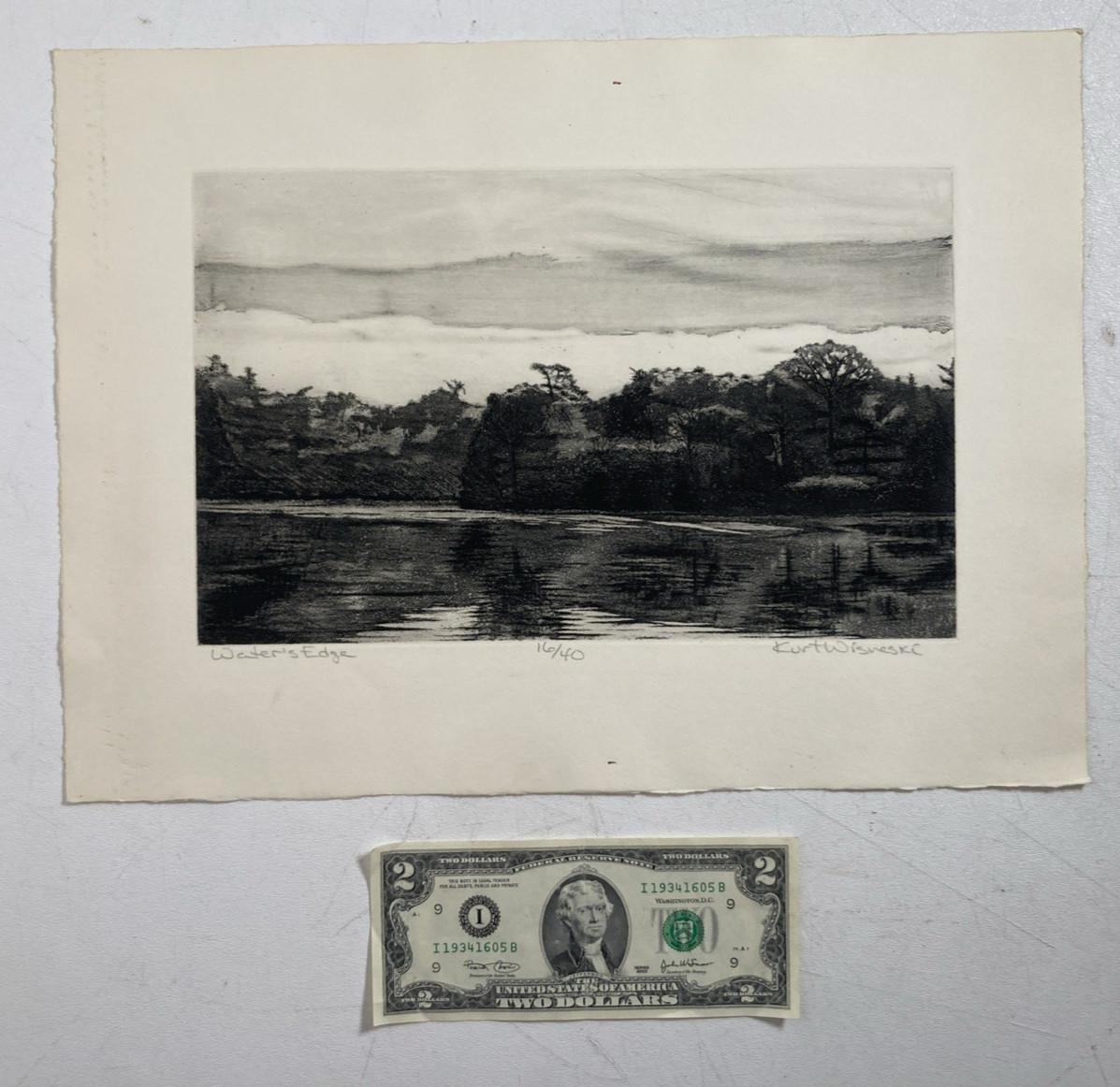 Vintage Original Etching Print Riverside Landscape Trees Kurt Wisneski Signed