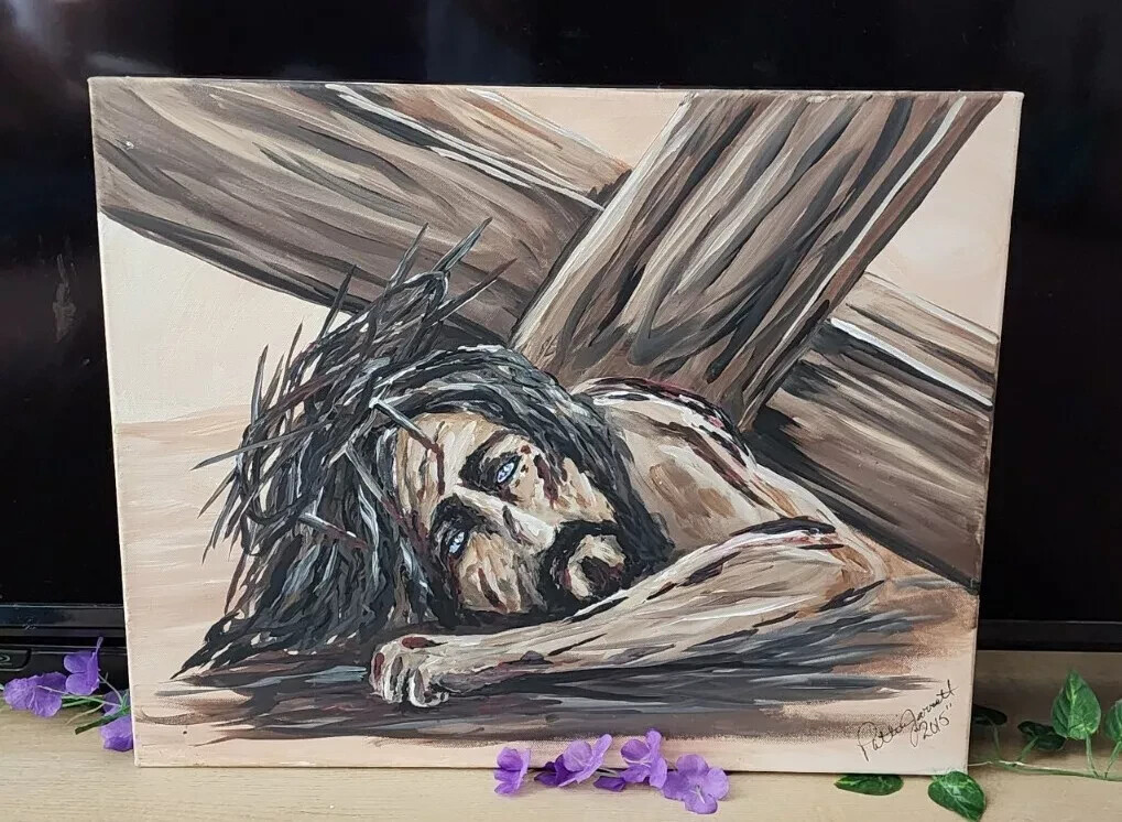 JESUS CHRIST & CROSS 2015 Acrylic Signed 16″ x 20″ Painting Browns, Tans, Grays