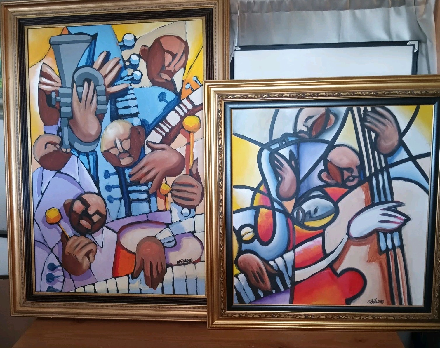 Pair Of Original Colorful Abstract Paintings Of Jazz Musicians Signed Biles 98