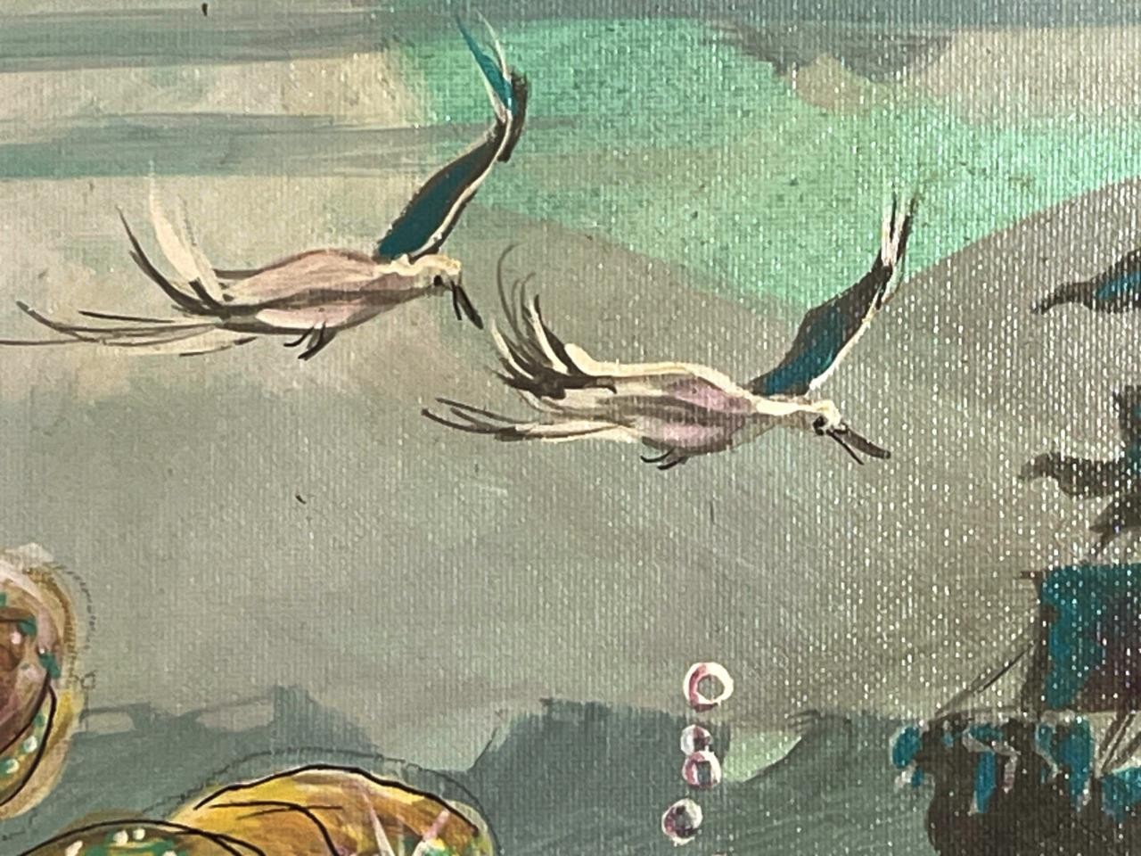 Vintage Nautical Coastal Beach Landscape Seascape Oil Painting Mermaid Dolphins