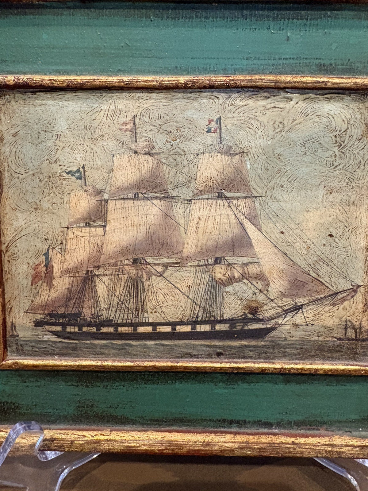 Pair Vintage 19th C. Paintings 3 Masted Clipper Tall Ships Painted on Board