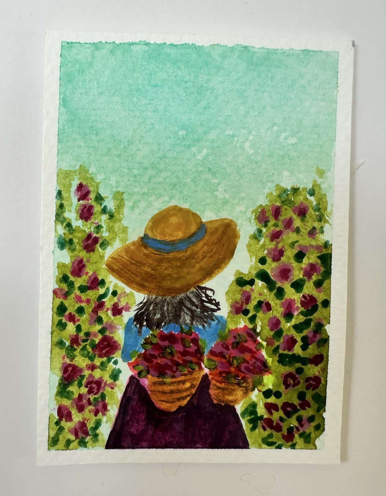 Original Impressionist Watercolor Painting Woman in Floral Garden Paper Unframed