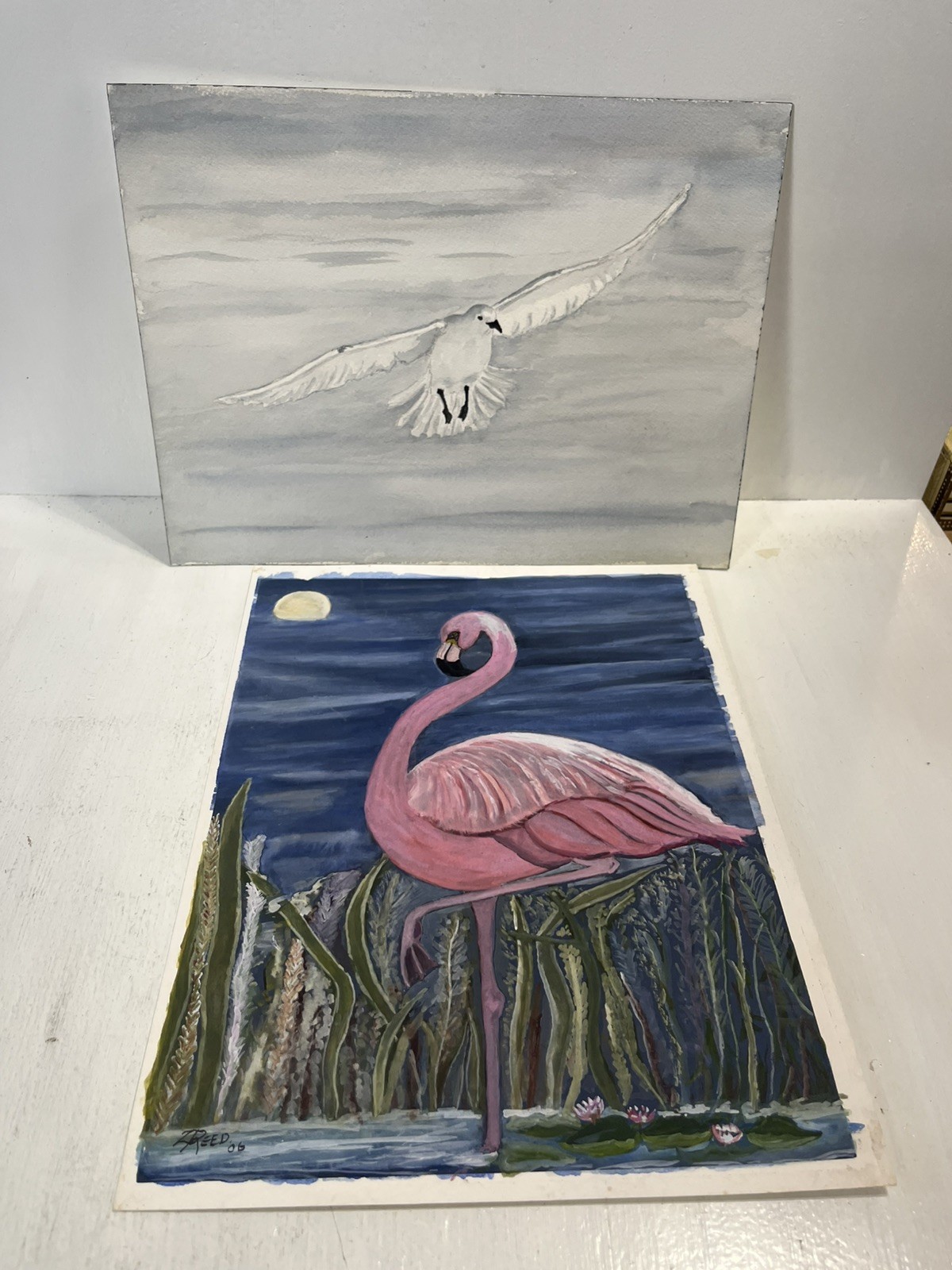 – Pink Flamingo (9×12) And Seagull (12×9) Hand Drawn Paintings Originals