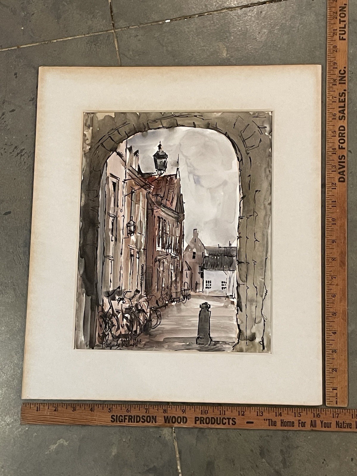 Vintage 1960’s DUTCH SCH. INK-WATERCOLOR Delft 1966 Matted Hand painted