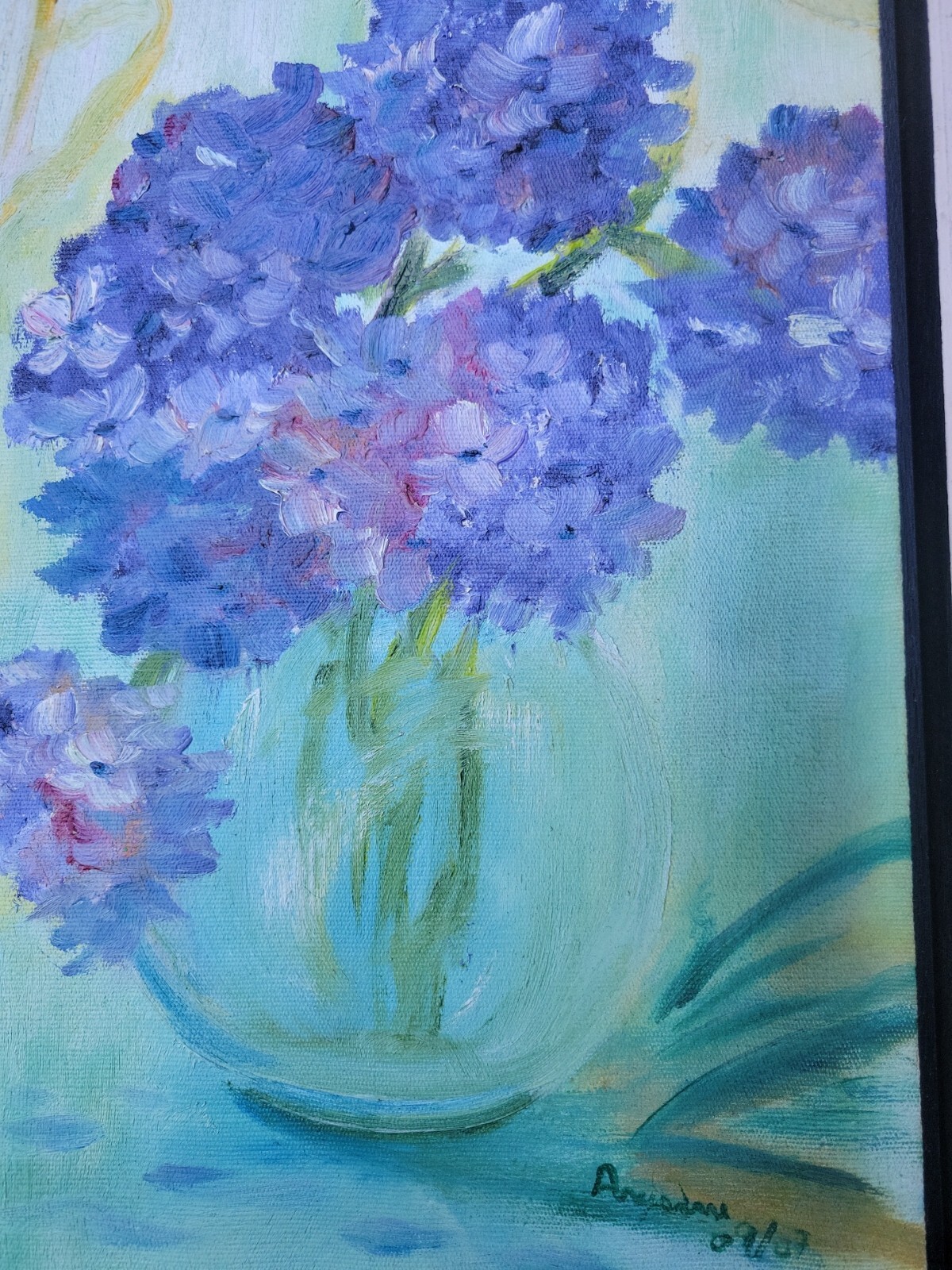 Hydrangeas Original Painting Acrylic On Canvas Floating Frame 13×9