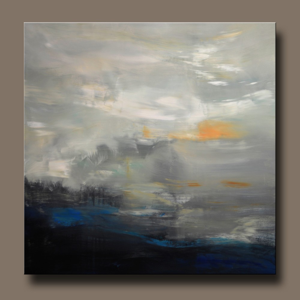 Acrylic on canvas abstract landscape art. Orange sunset, grey blue background.
