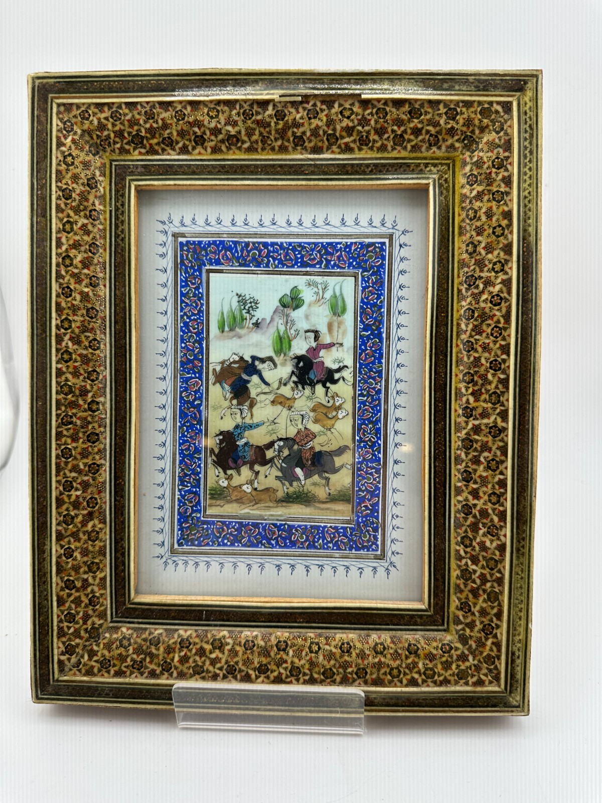 Persian Miniature Horsemen Hunting Scene Framed Wall Art Mosaic Frame