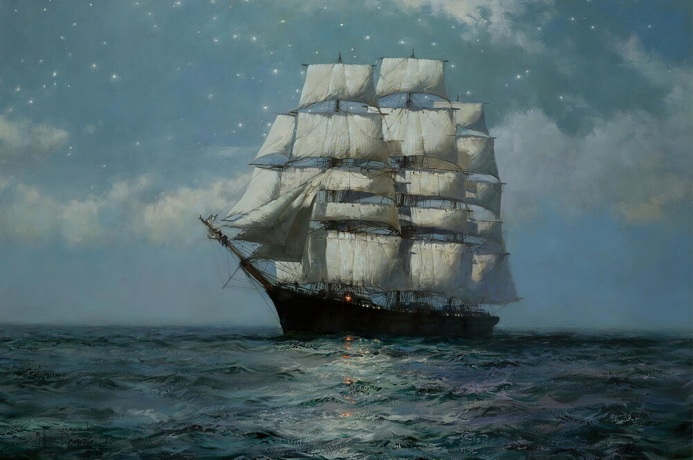 Art Giclee Printed Oil Painting Starry Night Ship Sailboat Nautical Home Decor