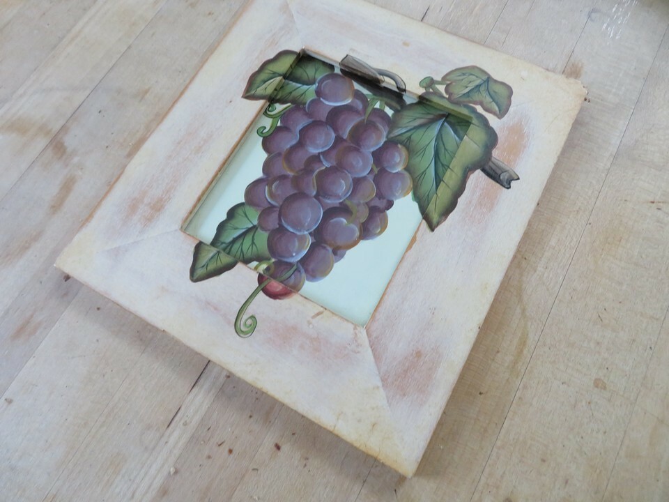 grapes VINTAGE Painting wood Original Signed artist shabby chic frame kitchen  
