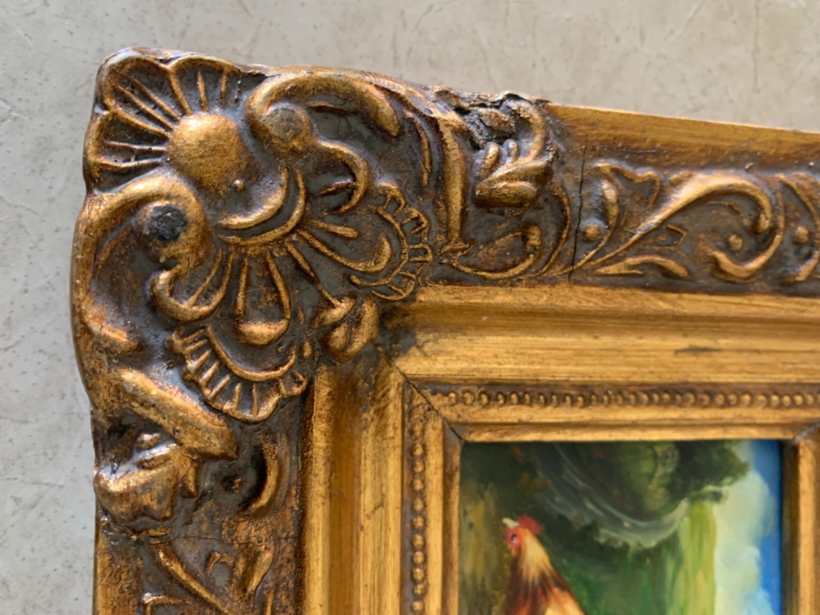 Vint Miniature Original Rooster & Hen Oil Painting Baroque Gold Frame