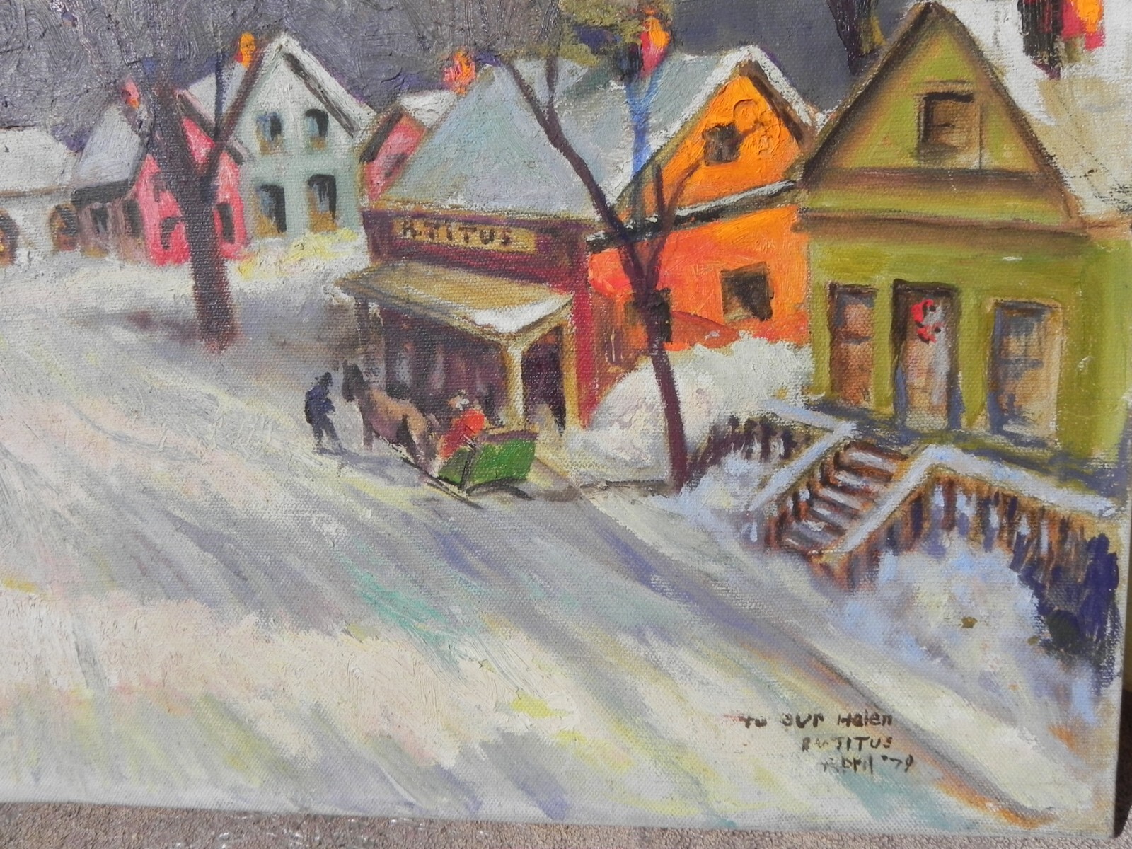 New England winter painting naive impressionist 1979 signed Titus poss. Vermont
