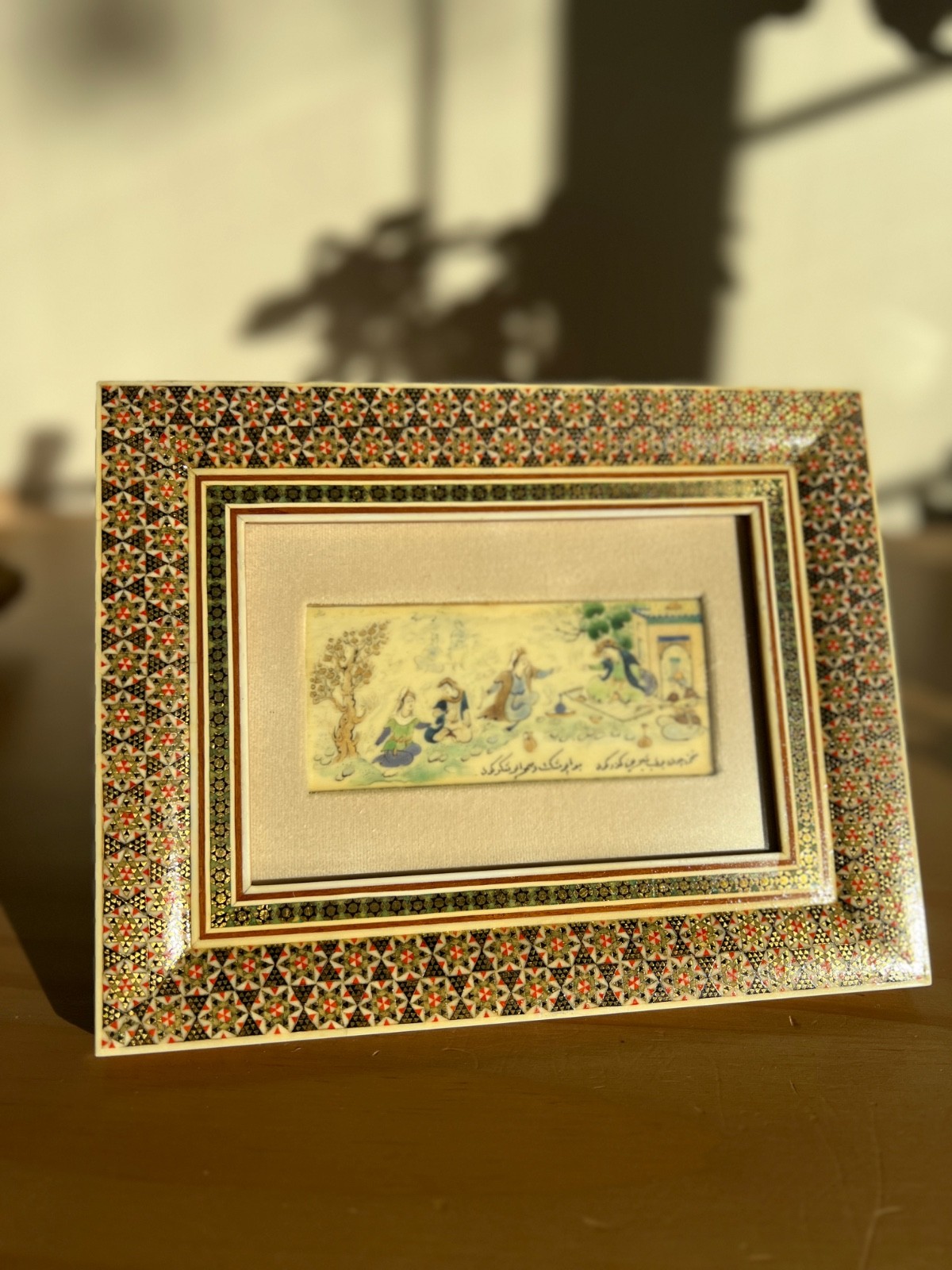 Vintage Persian Khatam Marquetry Frame Hand Painted Porcelain Plaque Small Art