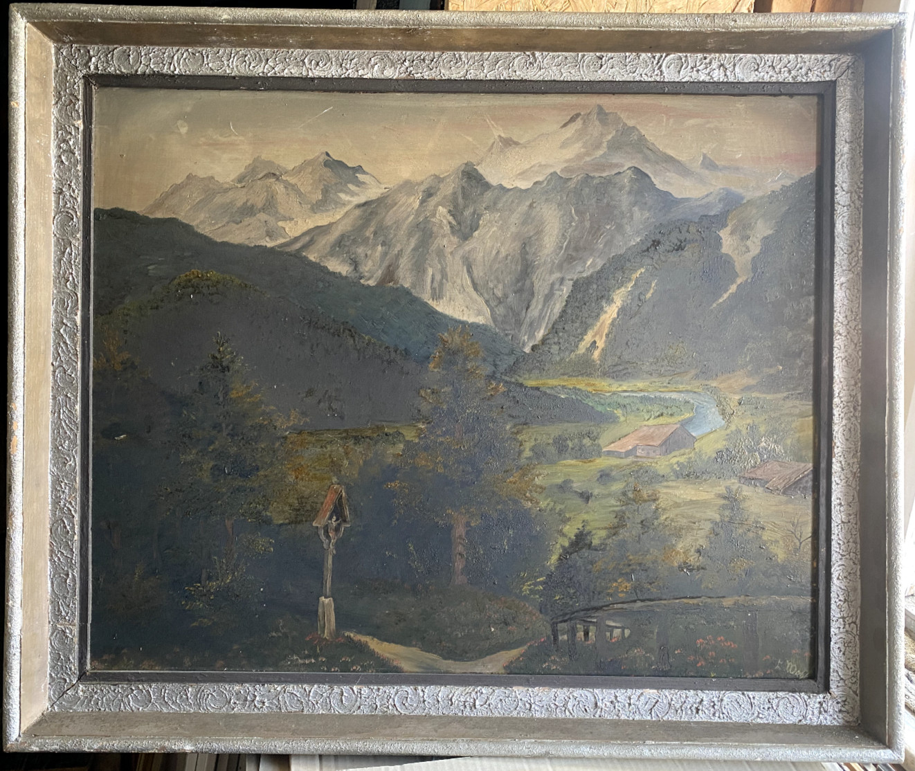Oil painting landscape Alps Marterl inscrutable wolf view into the valley frame