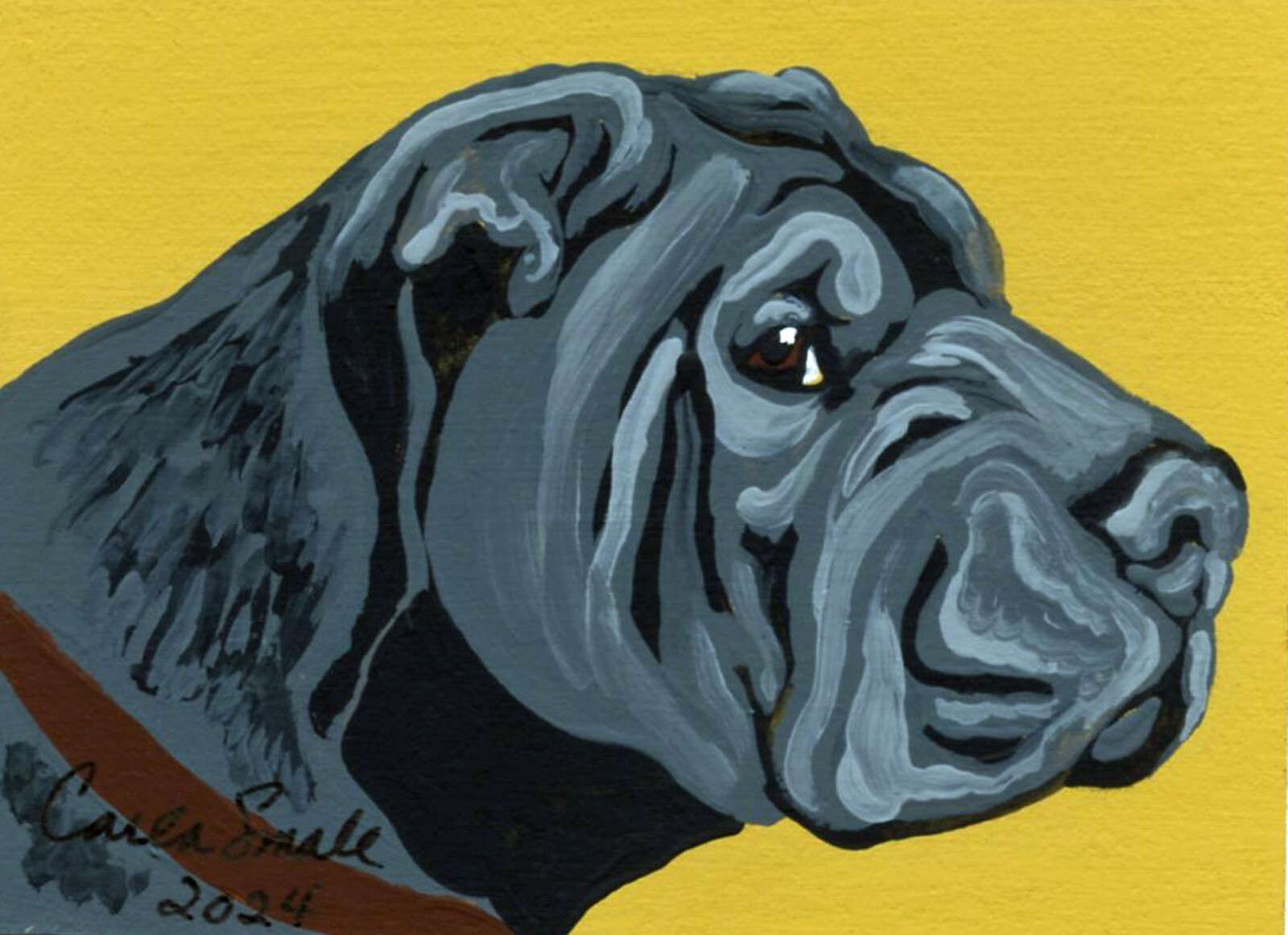 ACEO ATC Original Painting Black Shar-Pei Dog Pet Portrait Art-C. Smale