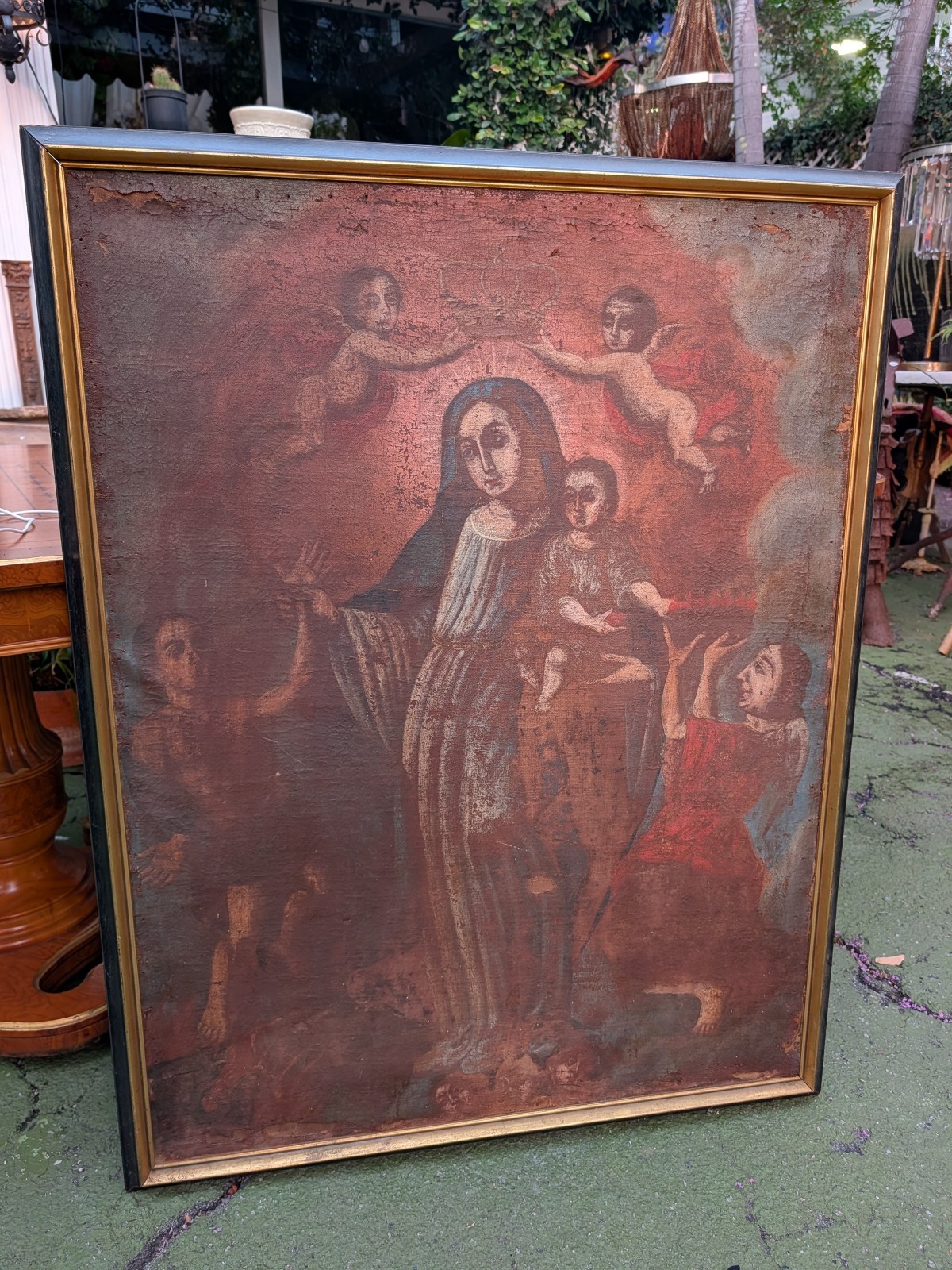 17th Century Nuestra Señora De La Luz Oil Painting Spanish Colonial 36″ L X 46″