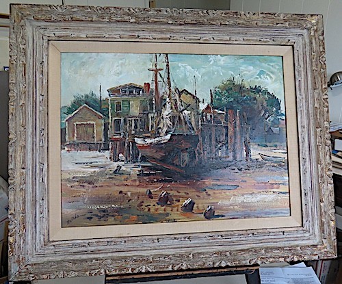 FIL MOTTOLA OIL ON MASONITE, BOAT AND WHARF, 18 x 24″, 32 7/16 x 26″ ca. 1950’s