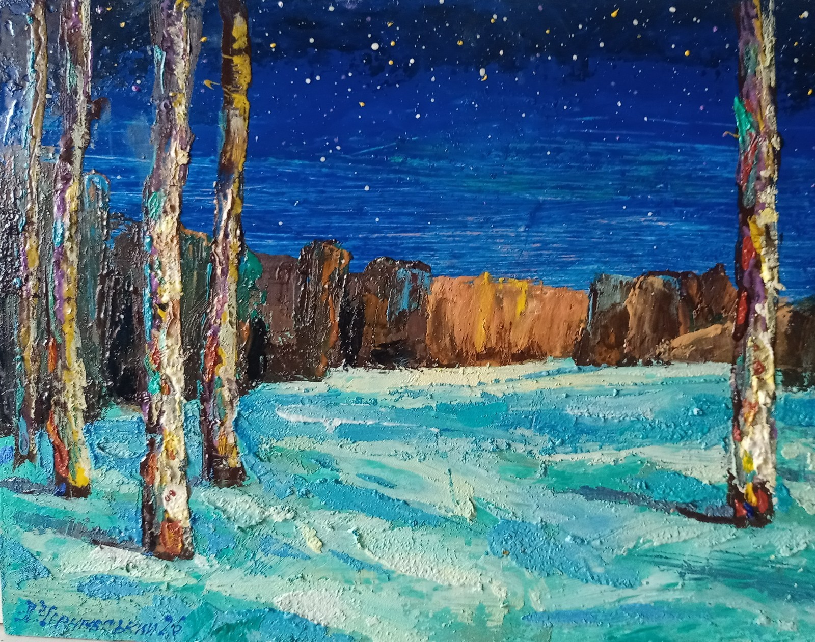 Night Winter Impasto Painting Original Art Impression Oil Painting 7.8 x 12.2 in