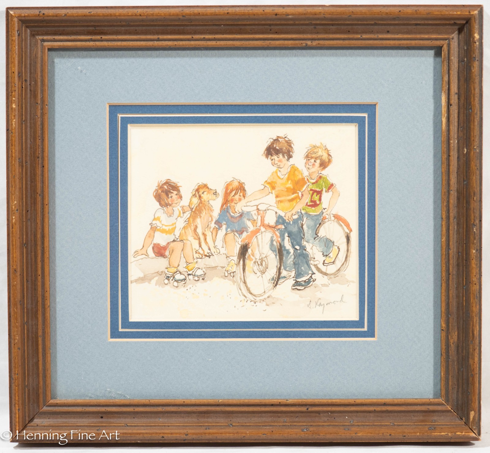 Beautiful S. Raymond Vintage Painting of Playing Children on Bike with Dog 2/3