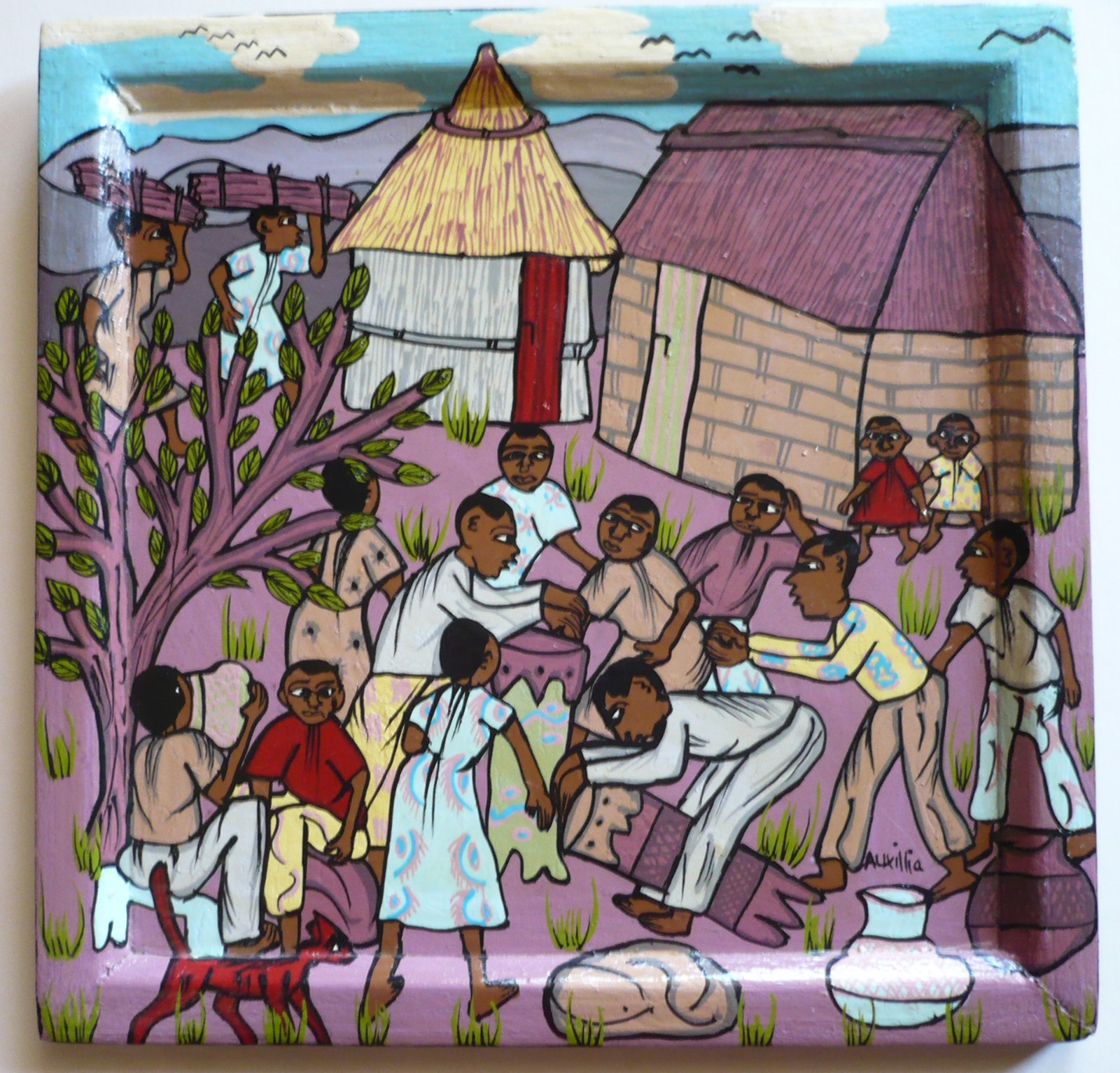 AUXILLIA, Zimbabwe AFRICAN FOLK ART PAINTING, VINTAGE OIL ON BOARD MODERN AFRICA